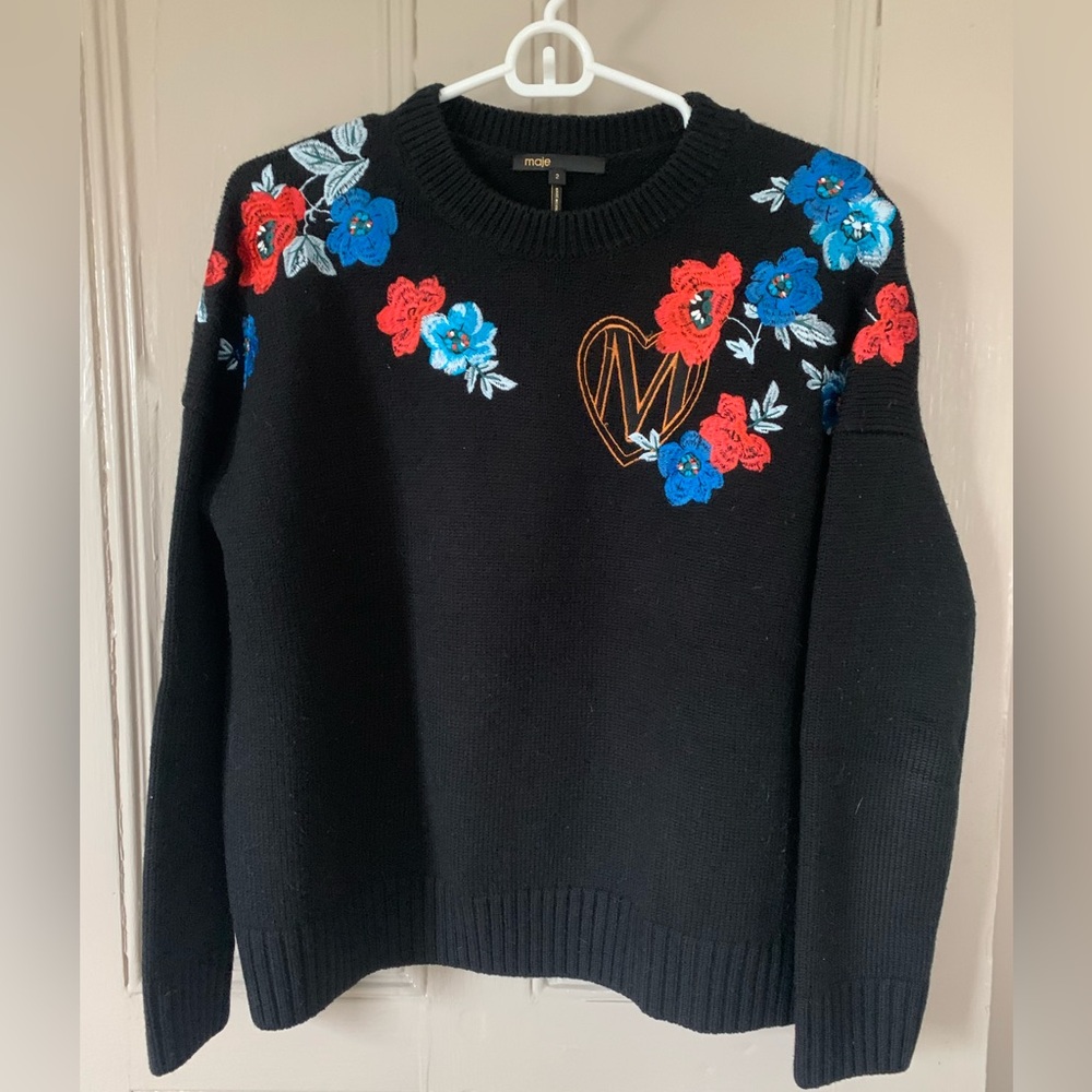 MAJE Black crew neck floral embroidered sweater
